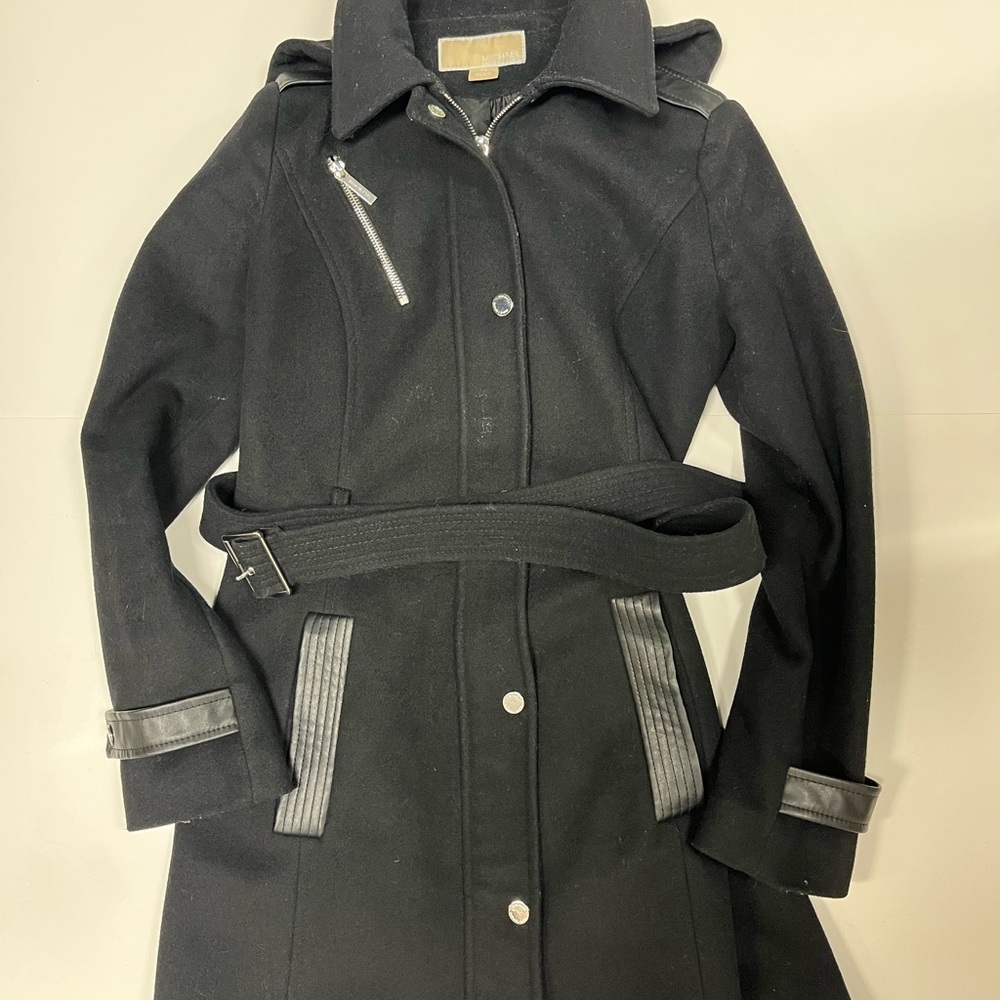 Michael Kors Long Women's Wool Pea Coat Silver Details Size XS Color Black - Picture 2 of 11